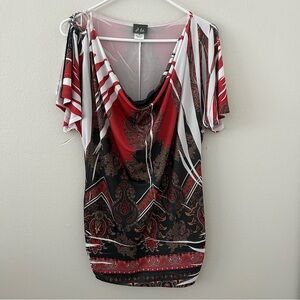 Vintage Y2K Dots Cowl Neck Paisley Tunic Top Mini Dress Size M Asymmetric Ruched